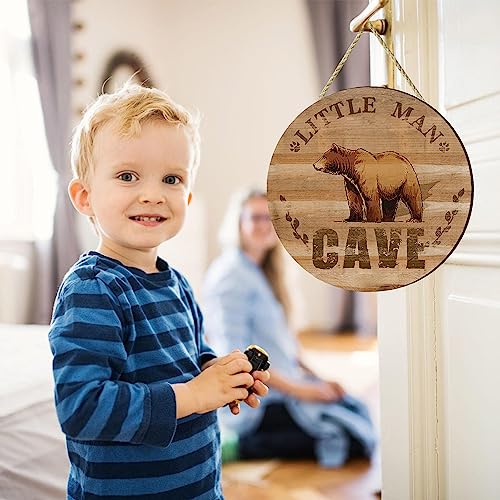 Image of Wooden Little Man Cave Sign for Baby Boy Nursery Decor, Woodland Nursery Room Wall Decorations, Rustic Farmhouse Bear Wall Art Decor Kids Bedroom Hanging Decor (A)