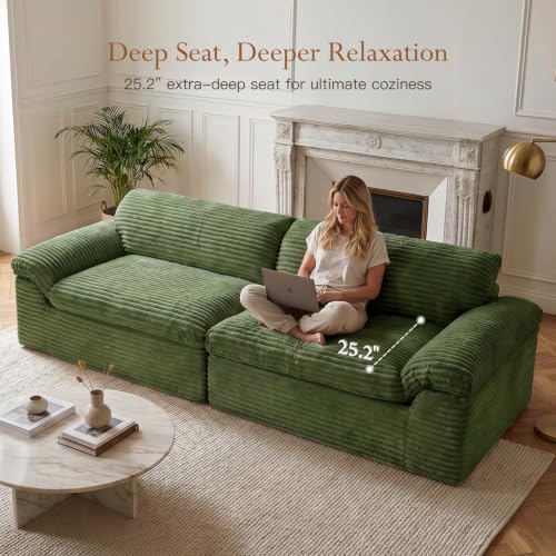 Image of Vesgantti 118 inch Boneless Couches for Living Room, Cloud Sectional Couch & Deep Seat, 3 Seater Comfy Corduroy Modular Sofa, Modern Slouch Couch, No Assembly Required, Green