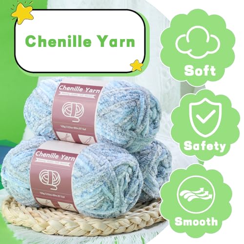 Image of LUNARM Chenille Yarn for Crochet Knitting Chunky Blanket Velvet Yarn | 3 Pack 3.5oz /100g 263 Yard Blue Gray Gradient Yarn for Beginners Knitting Scarves with Big Eye Needles Machine Washable