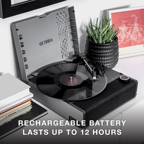Image of Victrola Revolution GO - Portable Vinyl Record Player, Battery-Powered Bluetooth Turntable, 12 Hour Battery Life, 3 Speed Belt-Driven Record Player, RCA Output, 3.5mm Headphone Jack (Black & Grey)