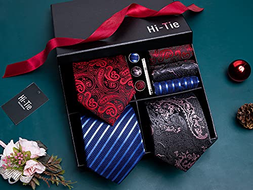 Image of Hi-Tie 3 Pcs Gift Box Mens Tie Set Necktie with Pocket Square Cufflinks Lapel Pin Silk Neck Tie Collection