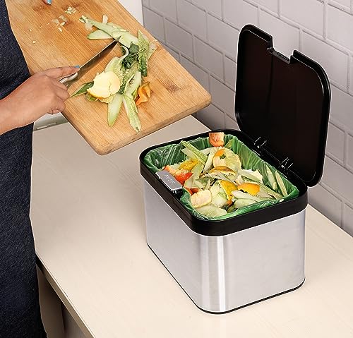 Belle Vous Kitchen Food Waste/Compost Bin - 4.3L / 1.14gal Kitchen Countertop Caddy - 25 x 17cm/9.84 x 6.69 Inches - Black/Silver Plastic and Stainless Steel Compost/Waste Container with Lid - Image 5