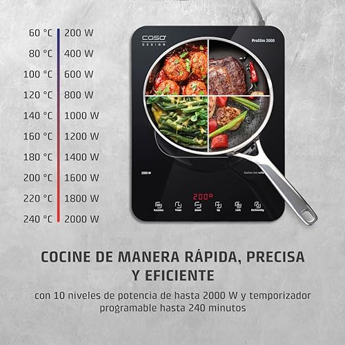 CASO ProSlim 2000 - Placa de Inducción portátil con 10 niveles, Control Táctil, Cocina para camper, viajes y campings, Detector de Sartenes,Control Seguridad niños, 39x29x3 cm, 2,3kg - negra - imagen 4
