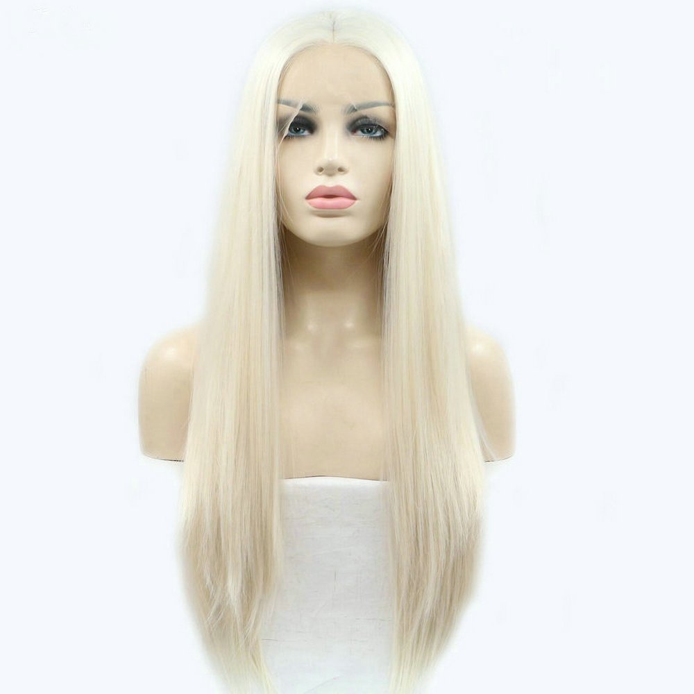 13x3" Pre Plucked Long Straight Colorful Wigs for Women Natural Looking Heat Resistant Fiber Synthetic Lace Front Wigs for Replacement/Party/Cosplay/Costume/Daily Use (Pure White/White Blonde) - Image 2