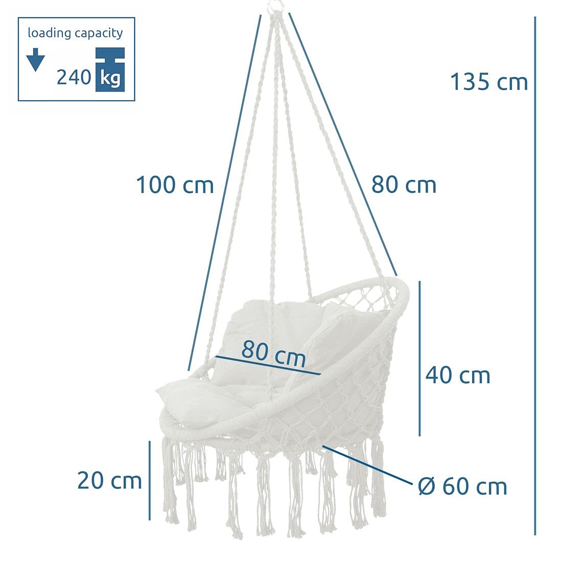 yourGEAR Boracay - Hängesessel mit Sitz-Polster in Grau oder Beige - max 240 kg Labor geprüft - Hängeschaukel 360° Swing Chair Schwebe-Sessel - Beige