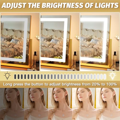 Image of FENNIO Vanity Mirror with Lights 22''x18'' Makeup Mirror with Lights,Lighted Makeup Mirror with 10X Magnification ,Smart Touch Screen with 3-Color Lighting,Dimmable(Square Gold)