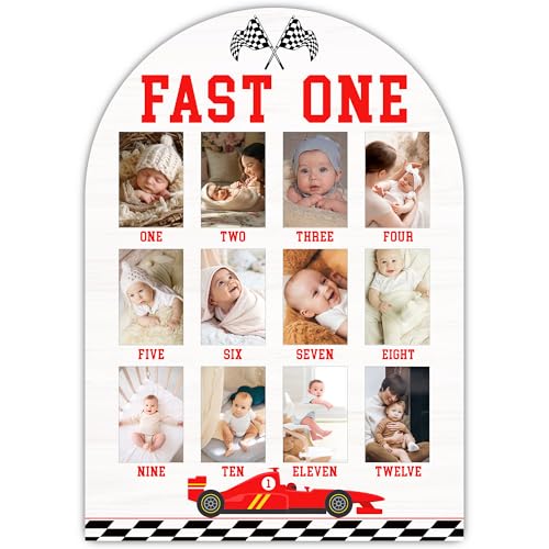 Fast One My First Year Photo Board, Racing Car Baby Milestone Signs for Boys Girls Nursery Decor, 12 Month Wooden Picture Board for 2x3 Photos, Best Babies Keepsake Gifts-A23