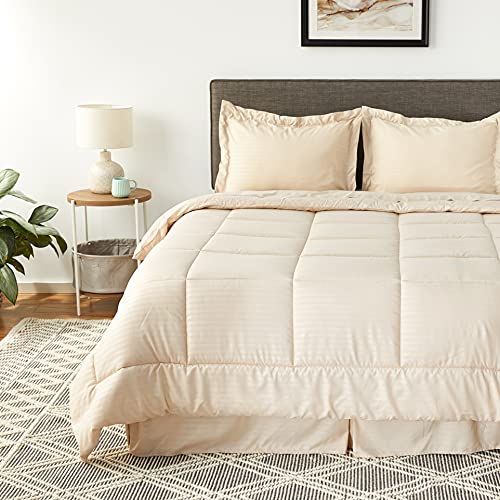 Image of Sweet Home Collection 8 Piece Bed In A Bag with Dobby Stripe Comforter, Sheet Set, Bed Skirt, and Sham Set - Queen - Beige
