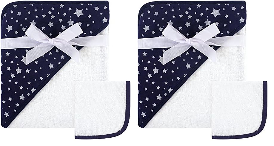 Image of Hudson Baby Unisex Baby Cotton Hooded Towel and Washcloth, Navy Silver Star, One Size (Pack of 2)