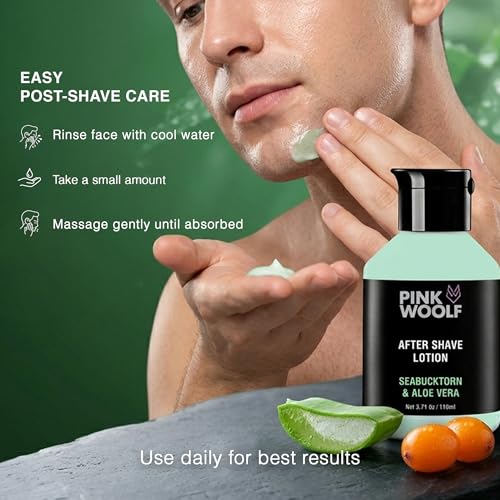 Image of Pink Woolf After Shave Lotion for Men - Seabuckthorn & Aloe Vera | Sensitive Skin Post Shave Care | Razor Burn Relief, Alcohol Free, Hydrating After Shave Moisturizer | 110 ml