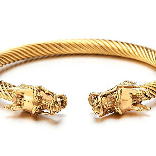 COOLSTEELANDBEYOND Elastic Adjustable Mens Dragon Bracelet Steel Twisted Cable Bangle Cuff Bracelet Polished2
