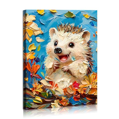 Image of FUNHUA Hedgehog Print Wall Art Animal Portrait Poster Animal Art Print for Nursery Room Decor Vintage Kids Bedroom Home Decoration With Wood Framed 12X16inches