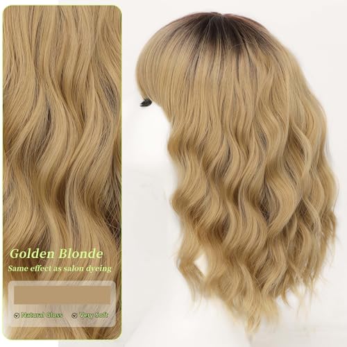 Image of AISI HAIR Curly Bob Wig with Bangs Short Wavy Golden Blonde with Darker Roots Wigs for Women Bob Style Synthetic Heat Resistant Bob Wigs