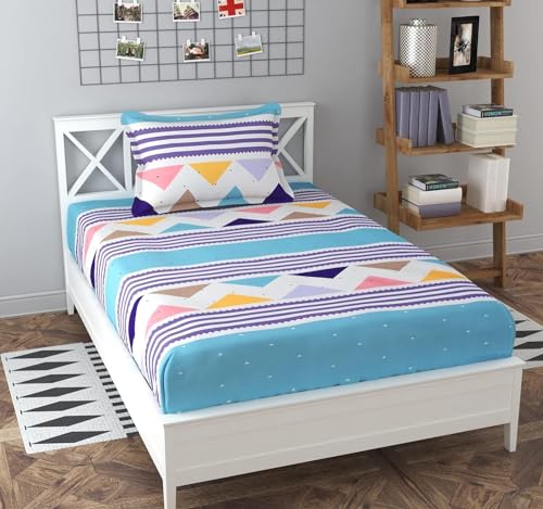 Image of KAWI Single Bedsheet Elastic Fitted Geometric 72X48X6 Inches Glace Cotton with 1 Pillow Cover (72 inchX 48 inchXup to 8 Inche Mattress) Firozi Colour, 200 TC, Small Single
