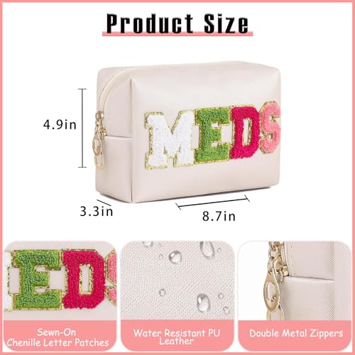 Cute Chenille Letter Patch Medicine Makeup Bag, PU Leather Waterproof MEDS Cosmetic Bag with Zipper, Travel Toiletry MEDS Pouch, Daily Use Portable Organizer Makeup Bag (01Beige Bag)2