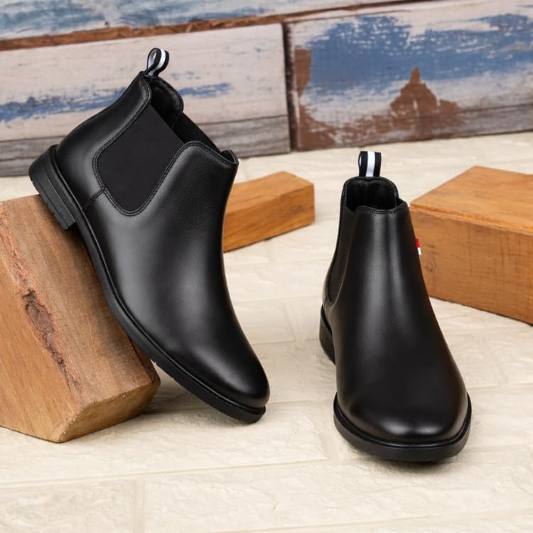 Image of Chelsea Boots for Men Wrinkle Free Smooth Upper Slip On Ankle Boots, Classic Black Stylish Boots for Casual, Party & Office Outfits