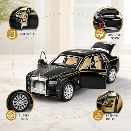 Image of DREAMY DEN Exclusive Alloy Metal Pull Back Die-cast Car 1:32 Roll Royce Phantom Diecast Metal Pullback Toy car with Openable Doors & Light, Music Boys Gifts Toys for Kids【 Black 】