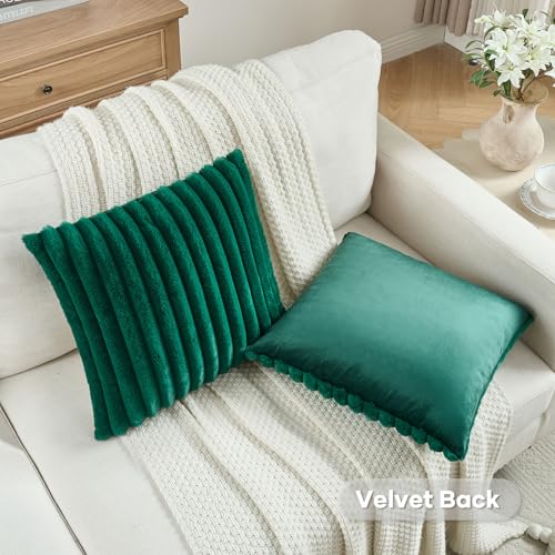 FUTEI Emerald Green Striped Decorative Throw Pillow Covers 16x16 Inch Set of 2,Square Fall Decorations Couch Pillow Case,Soft Cozy Faux Rabbit Fur & Velvet Back,Modern Home Decor for Bed