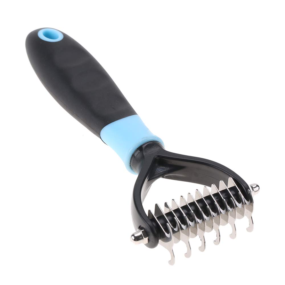 Dematting Comb Tool – dwustronna grabka do usuwania kolców i zaplątanych sierści u kotów i psów, profesjonalna szczotka antykolczasta (kolor niebieski)
