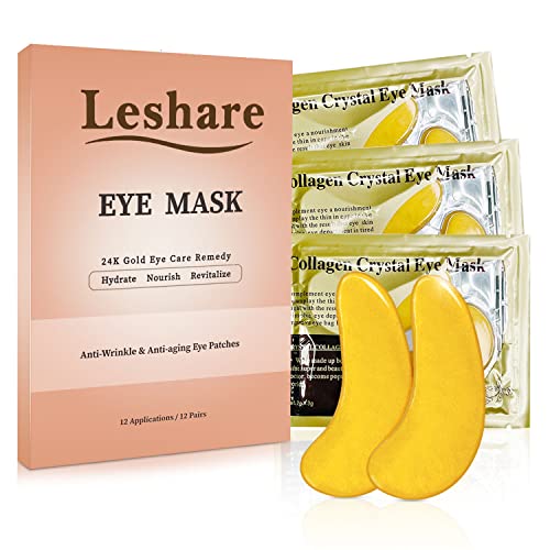 Leshare 24K Gold Eye Mask, Collagen Under Eye Patches for Reduce Dark Circles, Anti-Wrinkle and Puffiness, Facial Skin Care Products, Beauty Blender and Relaxing Gifts for Women, 12 Pairs
