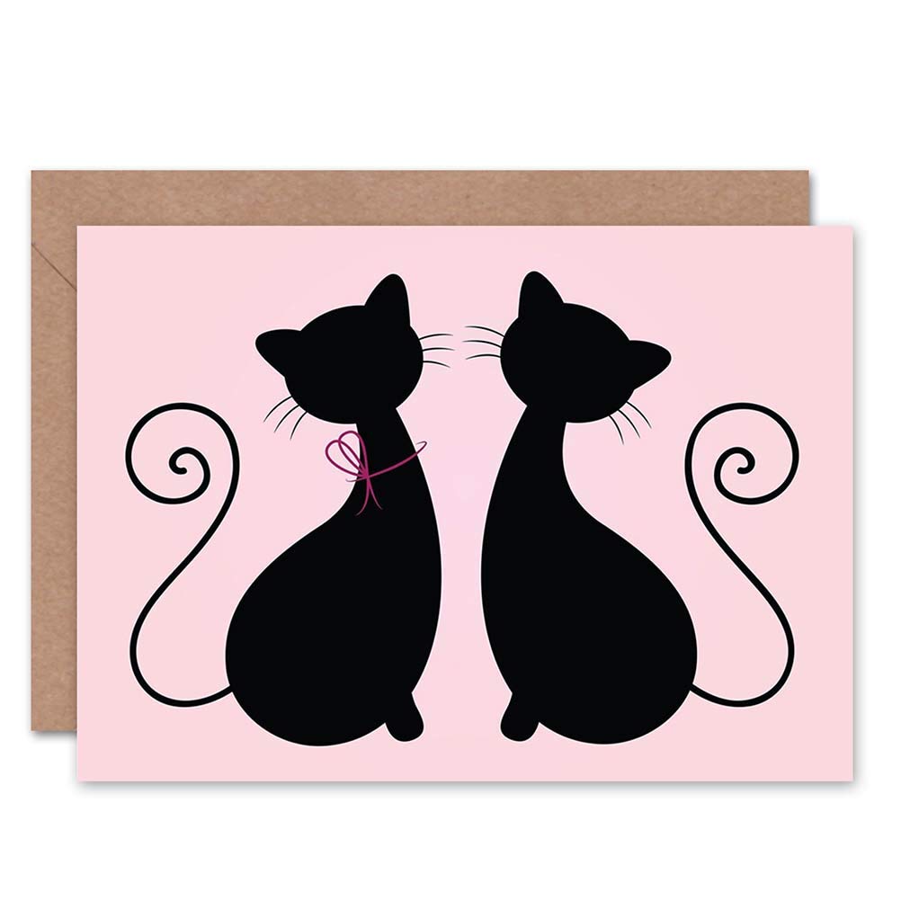 Cat Silhouette Couple Valentines Blank Greeting Card With Envelope