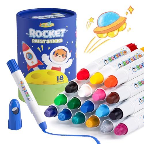JUPITEARTH 18 Colors Rocket Tempera Paint Sticks with 120 PDF Coloring Pages, Quick Drying, Non-Toxic and Washable Paint Sticks for Kids and Students, Art Supplies for Drawing on Paper and Canvas