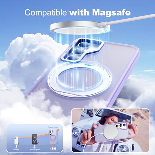 Image of Compatible with Samsung Galaxy S24 Plus Case with 360Rotatable Magnetic Ring Stand Compatible with Mag-Safe Military Protection Matte Translucent Phone Case for Galaxy S24+,Purple