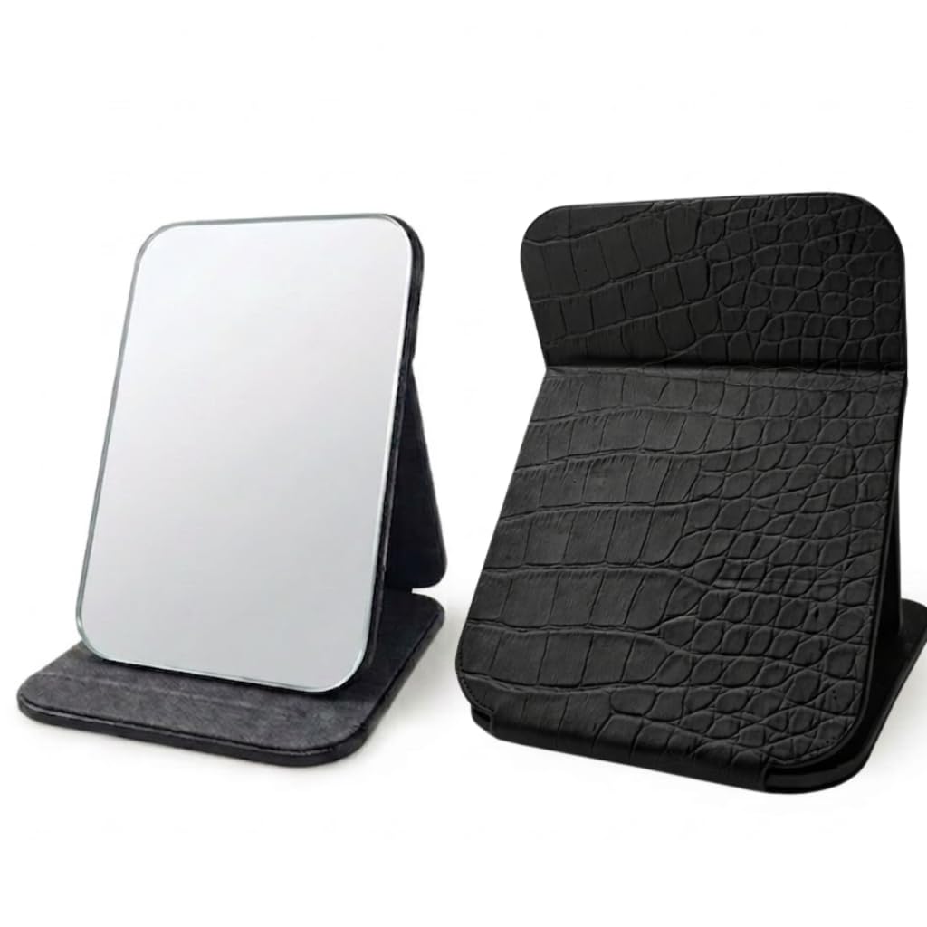 Portable Foldable Makeup Mirror HD Clear Reflection PU Leather Vanity for Women Lightweight Travel Friendly Table Skincare Shaving Office & Home Use Elegant Exterior Beauty Everyday (Black)-image-27