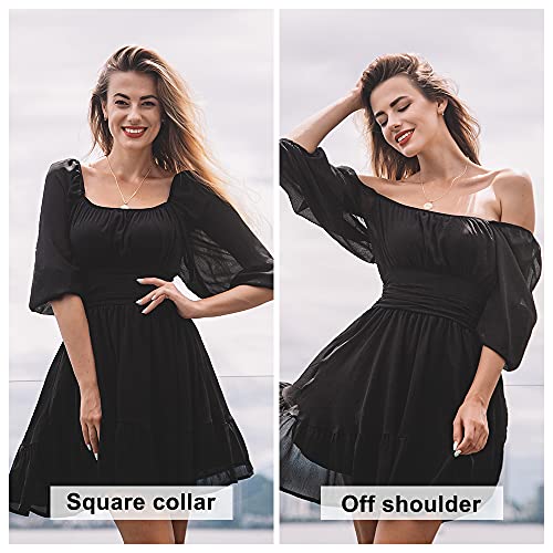 Exlura Women's Lantern Sleeve Tie Back Casual Dresses Ruffled Off Shoulder A-Line Vintage Mini Dress Black #TOP1