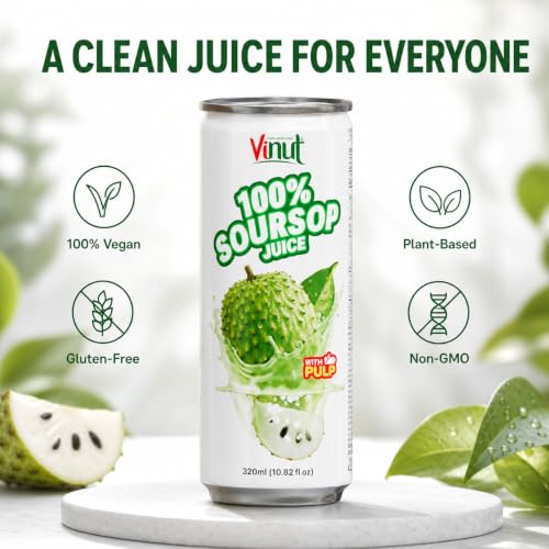 Image of VINUT 100% Soursop Juice with Pulp (Guanabana, Graviola), No Added Sugar, Not From Concentrate, Gluten Free & Non-GMO Drink, 100% Vegan /Plant-Based, 10.82 fl oz Cans (Pack of 12)