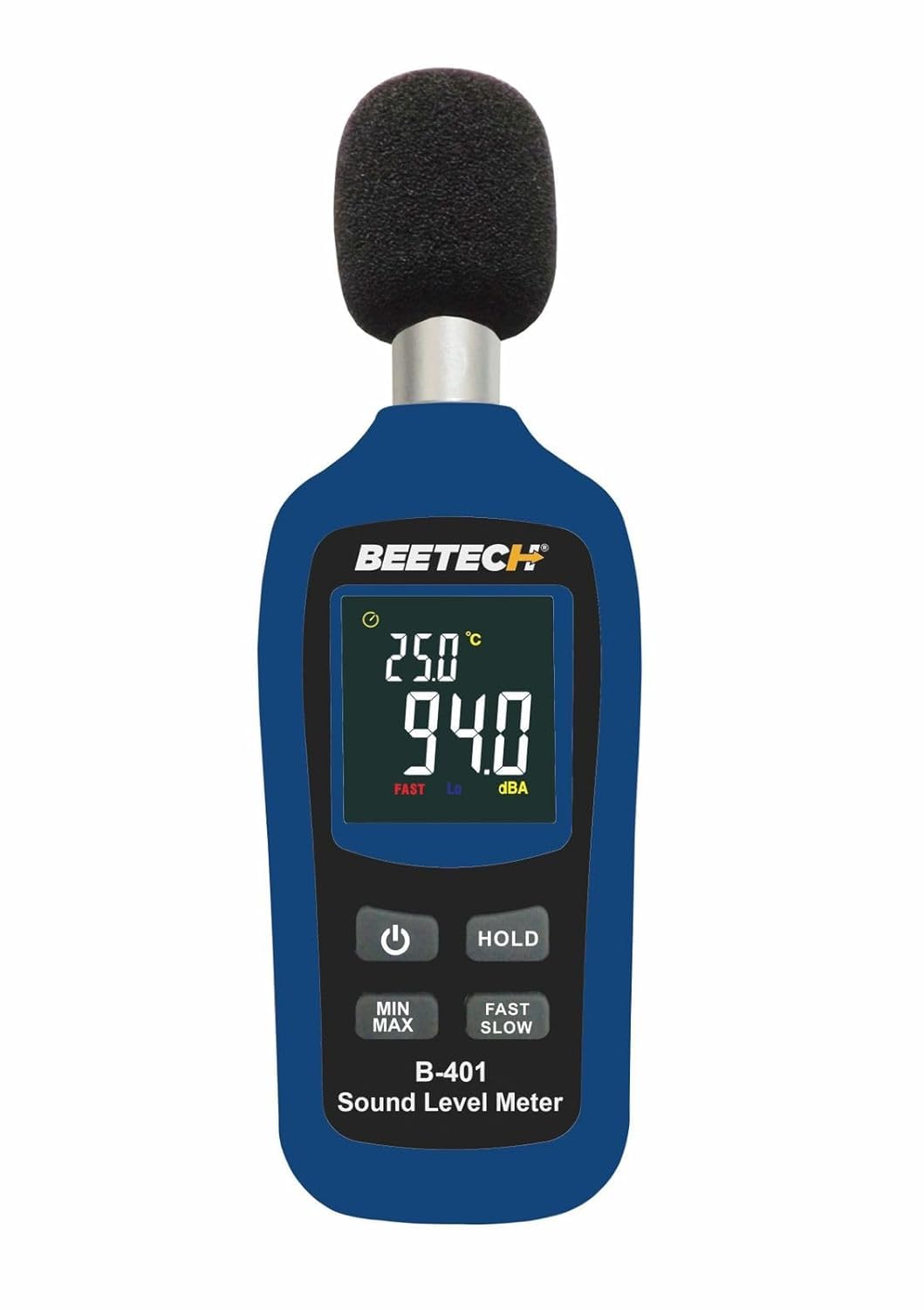 "1 Day Shipping" Sound Level/Decibel meter Model : B-401 with range 35-135B, measures Ambient Temperature with Color LCD display and backlight, CE and RoHS compliant-image-31
