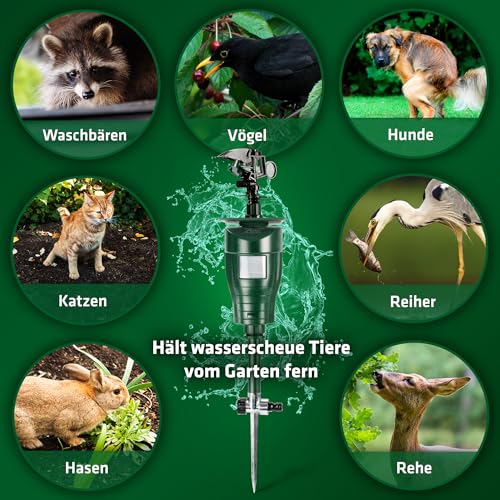 GARDIGO® Wasserstrahl Tiervertreiber I Vogelabwehr, Reiherschreck, Katzenschreck für Garten | PIR-Bewegungsmelder I Reichweite bis zu 10 m I Vogelschreck, Katzenabwehr, Hundeabwehr | Inkl. Batterien