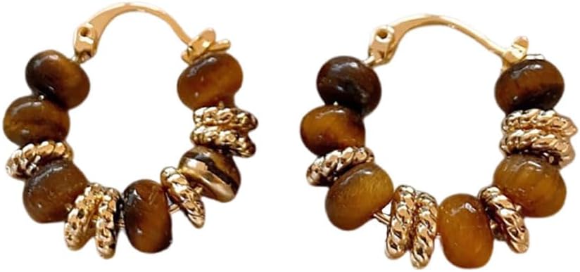 Vintage Tiger Eye Beads Statement Thick Hoop Earrings for Women Trendy Brown Gold-tone Chunky Round Huggie Hoops Gemstone Dangle Retro Chic Party Holiday Fashion Jewelry Gifts for Her