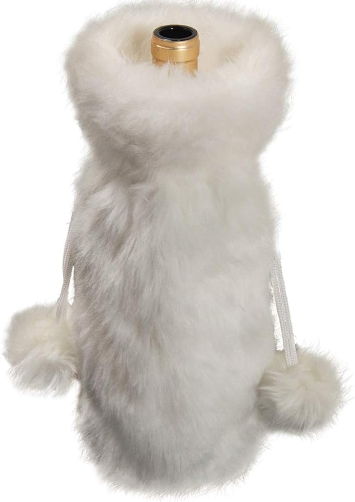 Amosfun Christmas Wine Bottle Cover Bags White Faux Fur Christmas Bottle Cover Bag with Drawstring Home Table Decorations 2PCS image 3
