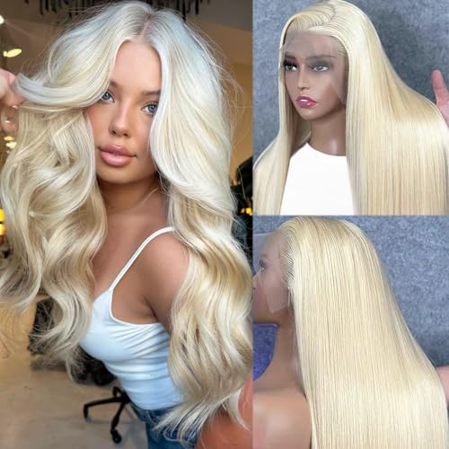 Image of 28 Inch Platinum Blonde Lace Front Wig Human Hair White Blonde 13x6 HD Transparent Lace Frontal Wigs Human Hair for Women 180% Density Pre Plucked Bleached Knots Wear and Go Glueless Wigs Straight