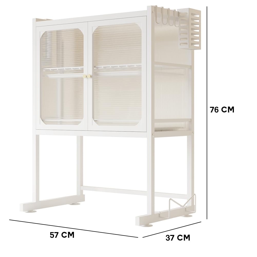 BAKAJI Scaffale Credenza Porta Microonde in Metallo Salvaspazio, Scaffalatura Portamicroonde con Vetrinetta Trasparente, Base Antiscivolo, 2 Ripiani Interni, 57 x 37 x 76 cm (Bianco)