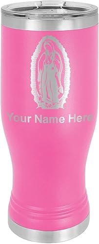 LaserGram Taza Pilsner aislada al vacío de 14 onzas Virgen de Guadalupe grabado personalizado incluido rosa