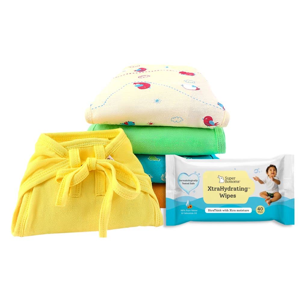 SuperBottoms BASIC Cotton Nappy and SuperBottoms XtraHydrating™ Wipes-40 Pack | 100% Pure Cotton | Breathable & Super Soft Nappies/langots | AZO FREE dyes & safe on skin | Birdy Boo- Pack of 5, Small