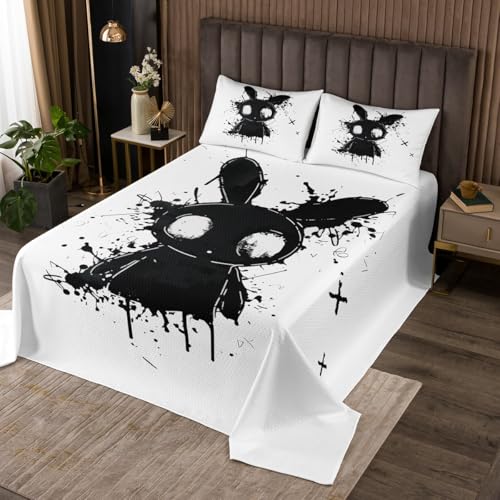 jejeloiu White Black Bedspread Twin Size Kids Bunny Rabbit Coverlet Set for Boys Girls Teens Gothic Horror Quilted Coverlet Breathable Japanese Style Bedroom Decor