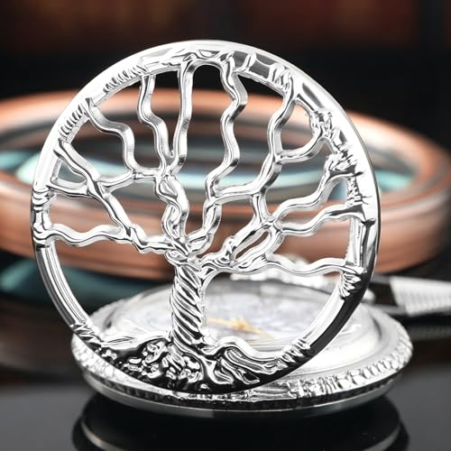 Image of Tiong Pocket Watch Hollow Tree of Life Design Roman Numerals Engraved Bible Verse Quartz Pocket Watch with Chain Custom Pocket Watch Birthday Gifts