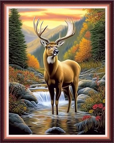 Image of Fanxvivy Stamped Cross Stitch Kits for Beginners Full Range of Cross Stitching Preprinted Embroidery Kits for Adults, 11CT Embroidery Pattern Needlepoint Kits-Early Morning elk 16x20 inch