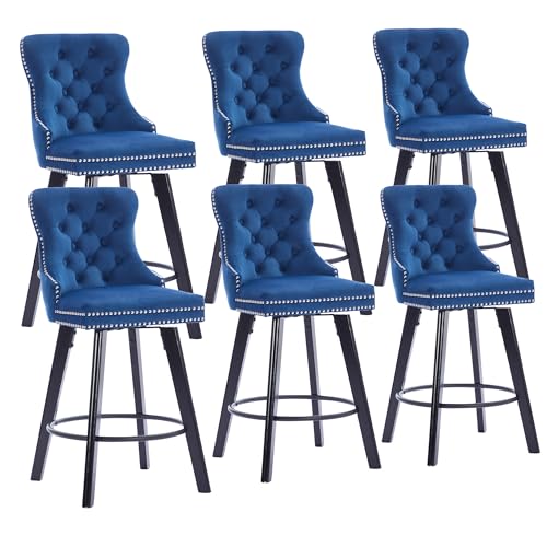 Image of YITAI Modern Swivel Set of 6 Velvet Barstools with Large Backrest and Sturdy Metal Footrest,Button Tufted Rivet Trim Dining Room Chairs with Metal Pull Ring for Kitchen Island,Home Bar,Bistro, Blue