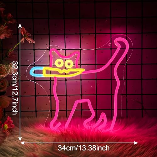 Image of Cautiously Cat Neon Signs, Funny Cat With Knife Neon Light for Wall Decor, Dimmable Animal Sign for Restaurant Kitchen Kid Room Pet Shop Bedroom Home Party Decor (Magenta)