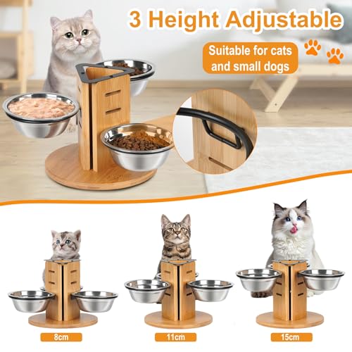 JAZUIHA Katzennapf Erhöht 3er Set, Höhenverstellbare Futterstation für Katzen und kleine Hunde, 14 cm Edelstahlnäpfe (350ml), 3 Stufen für Anpassbare Höhe