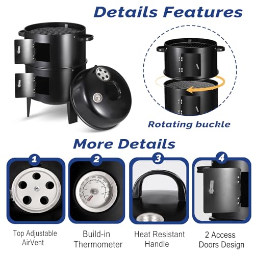 16.5 Inch Charcoal Smoker Grill with Thermometers and Air Vent, Multi-Layer Meat 3-in-1 Portable Vertical Smoker with 2 Access Doors Grill Smoker Black (16.5Inch)