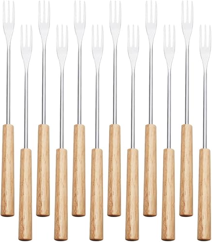 CALLARON Tenedores de fondue de acero inoxidable, mango de madera, tenedor de chocolate, herramientas de fondue de queso, tenedores de fondue de