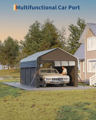 Image of Garvee 10'X15'X9' Metal Carport, Enclosed Car Ports with Heavy Duty Steel Frame and 220 g Tarp, All-Weather Carport, for Sedans, Boats, and Tractors
