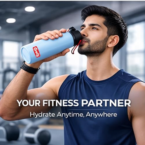 Image of GRECY Trim 800ml Stainless Steel Water Bottle Sky Blue | Single Wall BPA Free Food Grade Steel | Leak Proof, Rust Proof, Odour Free | Lightweight Carry Band | Made in India | Office, Gym, School