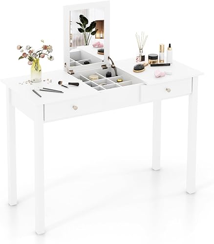 CHARMAID Escritorio de tocador de maquillaje, escritorio blanco de 44 pulgadas con espejo abatible, 2 cajones grandes, 9 compartimentos de