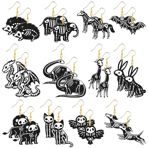 Halloween Skeleton Animal Earrings - Skull Earrings Dangle for Women Teen, Halloween Jewelry Spooky Dangle Drop, Holiday Funny Dangling Accessories Set for Trick or Treat Fun Gift (12 Pairs)